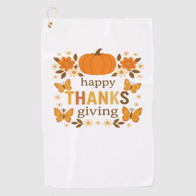 Happy Thanksgiving Floral Pumpkin Classic T-Shirt Golf Towel (Front)