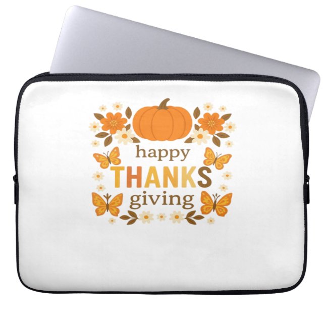 Happy Thanksgiving Floral Pumpkin Classic T-Shirt Laptop Sleeve (Front)