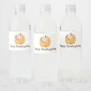 Happy Thanksgiving   Floral Pumpkin Water Bottle Label