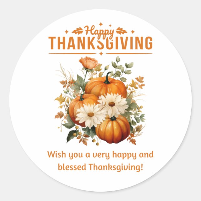 happy thanksgiving floral pumpkins classic round sticker (Front)