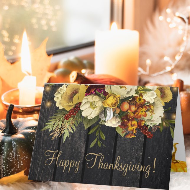 Happy Thanksgiving floral rustic wood Thanksgiving Holiday Card (Creator Uploaded)
