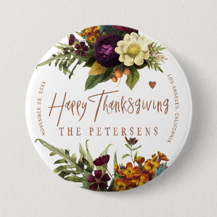 Happy Thanksgiving floral typography family name 7.5 Cm Round Badge
