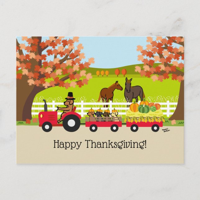 Happy Thanksgiving Fox Red Labrador Tractor Postcard (Front)