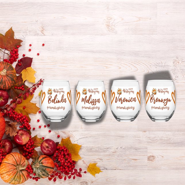 Happy Thanksgiving, Friendsgiving Monogram | Stemless Wine Glass (Creator Uploaded)
