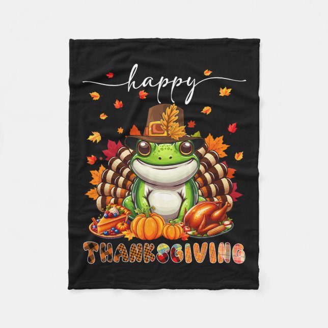 Happy Thanksgiving Frog Costume Turkey Fall Leaves Fleece Blanket (Front)
