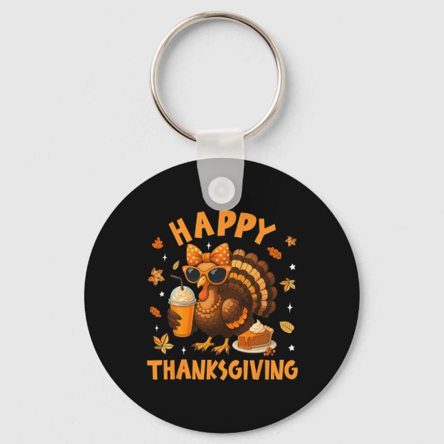 Happy Thanksgiving Funny Turkey Drinking Coffee Bo Key Ring (Front)