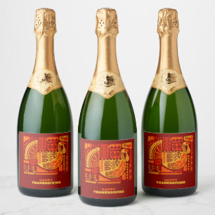 Happy Thanksgiving Geometric Abstract Orange Brown Sparkling Wine Label