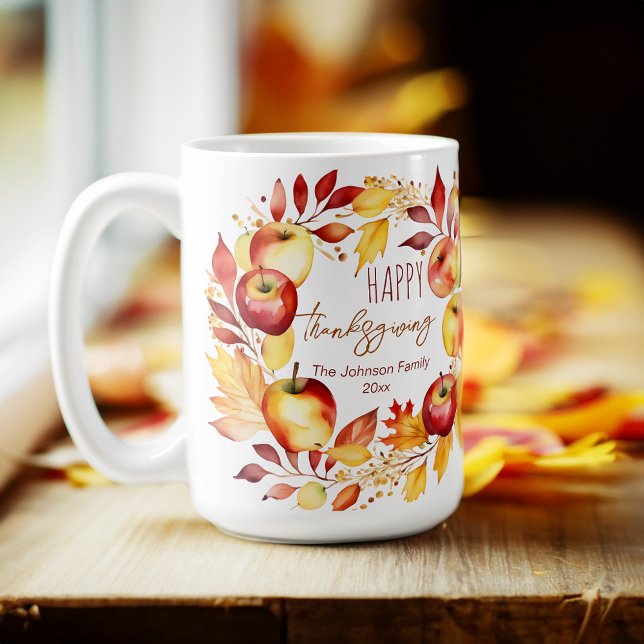 Happy Thanksgiving gifts watercolor apple wreath  Coffee Mug (Happy thanksgiving personalized coffee mug thanksgiving gifts)