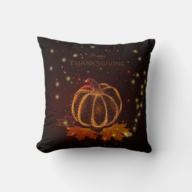 Happy Thanksgiving Glowing Pumpkin Autumn Leaves Cushion (Front)