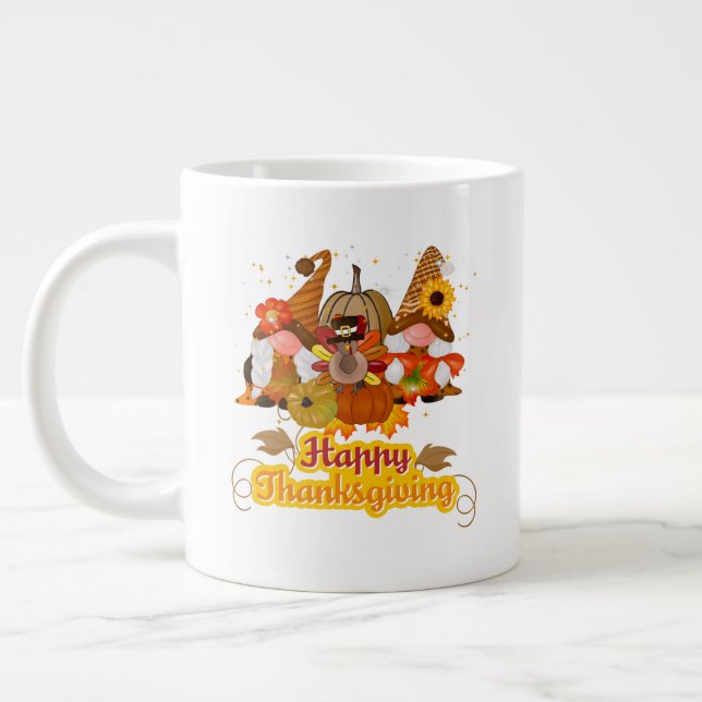 Happy Thanksgiving Gnome Trio Large Coffee Mug (Left)