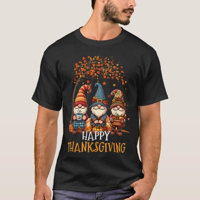 Happy Thanksgiving Gnomes Pumpkin Autumn Leaves  T-Shirt (Front)