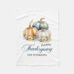 Happy Thanksgiving Gold Orange Blue Pumpkins Fleece Blanket
