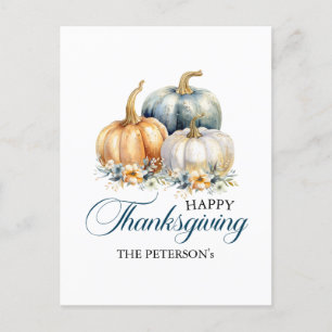 Happy Thanksgiving Gold Orange Blue Pumpkins Postcard