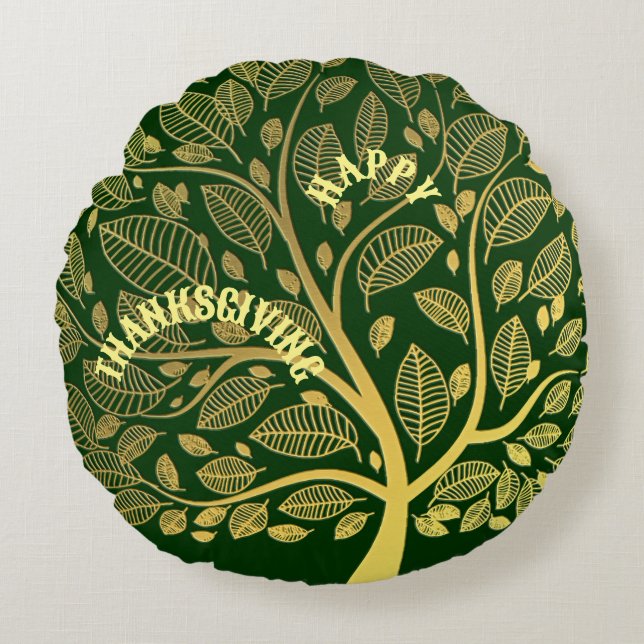 Happy Thanksgiving Gold Tree Of Life Greenery Cute Round Cushion (Front)