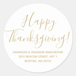 Happy Thanksgiving gold white return address Classic Round Sticker