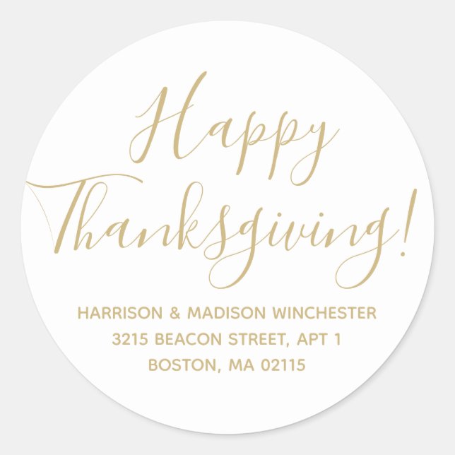Happy Thanksgiving gold white return address Classic Round Sticker (Front)