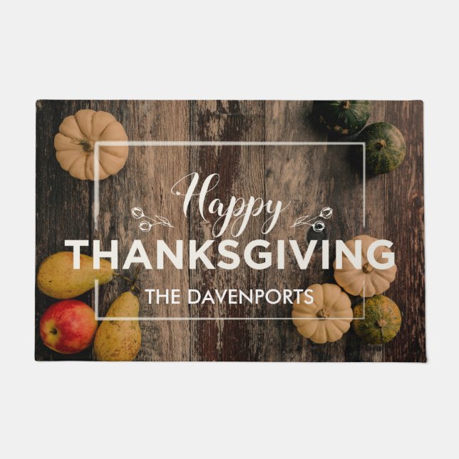 Happy Thanksgiving Gourds on Rustic Wood Doormat (Front)