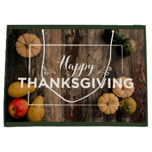 Happy Thanksgiving Gourds on Rustic Wood Large Gift Bag