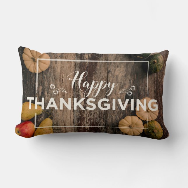 Happy Thanksgiving Gourds on Rustic Wood Lumbar Cushion (Front)