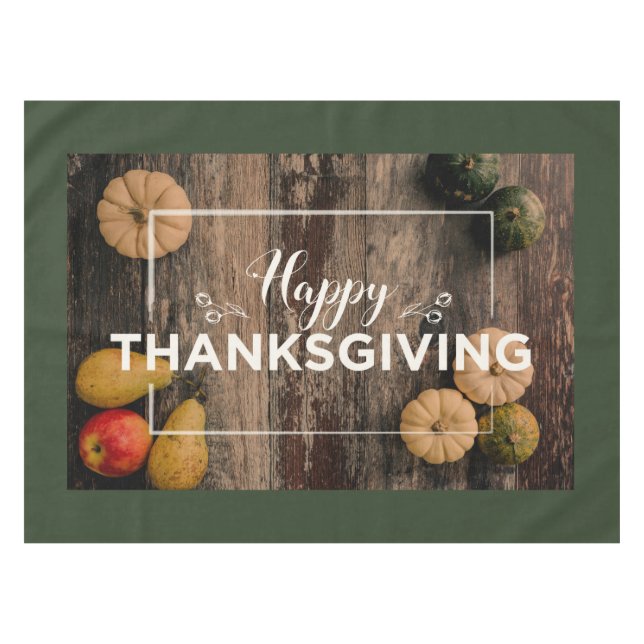Happy Thanksgiving Gourds on Rustic Wood Tablecloth (Front (Horizontal))