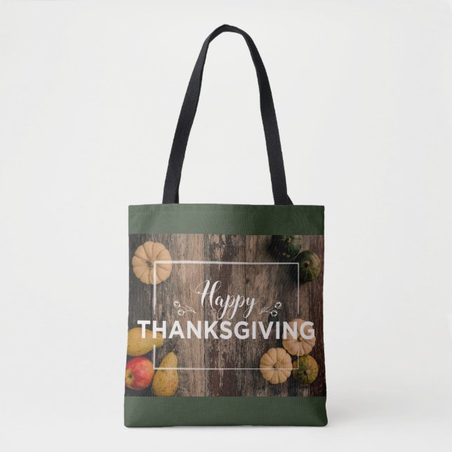 Happy Thanksgiving Gourds on Rustic Wood Tote Bag (Front)
