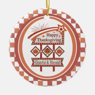 Happy Thanksgiving Grateful & Blessed Retro Sign Ceramic Tree Decoration