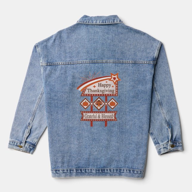 Happy Thanksgiving Grateful & Blessed Retro Sign Denim Jacket (Back)