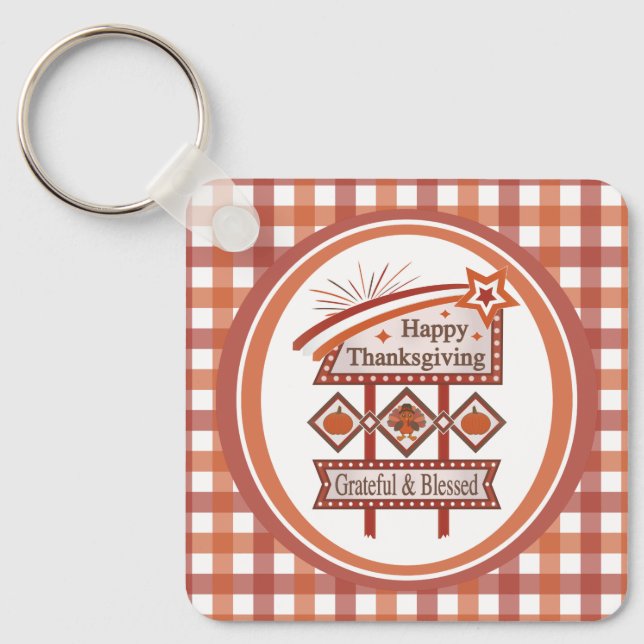 Happy Thanksgiving Grateful & Blessed Retro Sign Key Ring (Front)