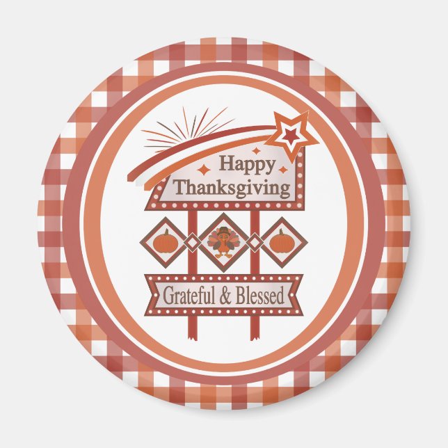 Happy Thanksgiving Grateful & Blessed Retro Sign Magnet (Front)