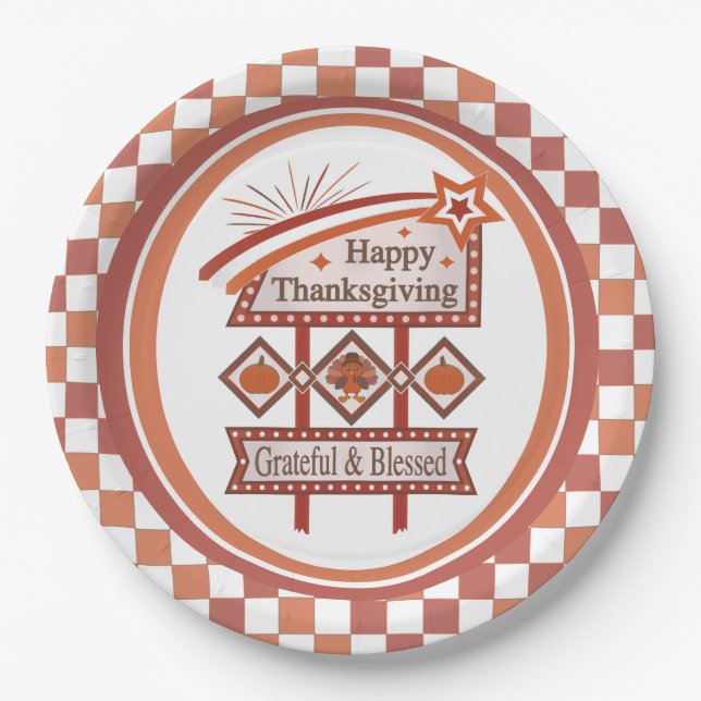 Happy Thanksgiving Grateful & Blessed Retro Sign Paper Plate (Front)
