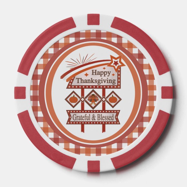 Happy Thanksgiving Grateful & Blessed Retro Sign Poker Chips (Front)