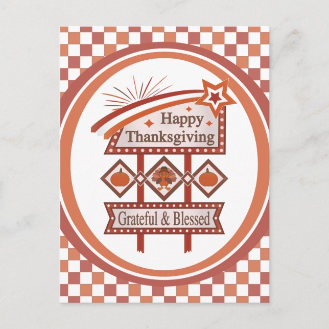 Happy Thanksgiving Grateful & Blessed Retro Sign Postcard (Front)