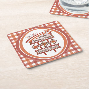 Happy Thanksgiving Grateful & Blessed Retro Sign Square Paper Coaster