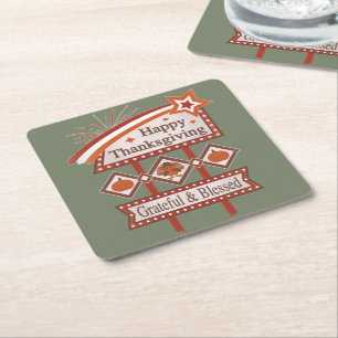 Happy Thanksgiving Grateful & Blessed Retro Sign Square Paper Coaster