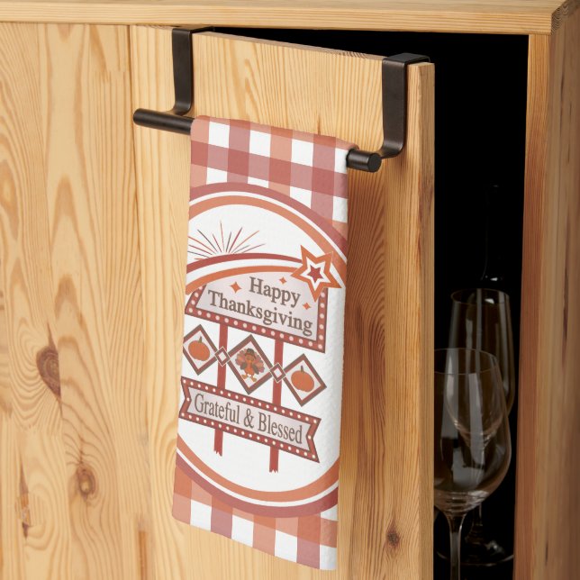 Happy Thanksgiving Grateful & Blessed Retro Sign Tea Towel (Thirds Fold)