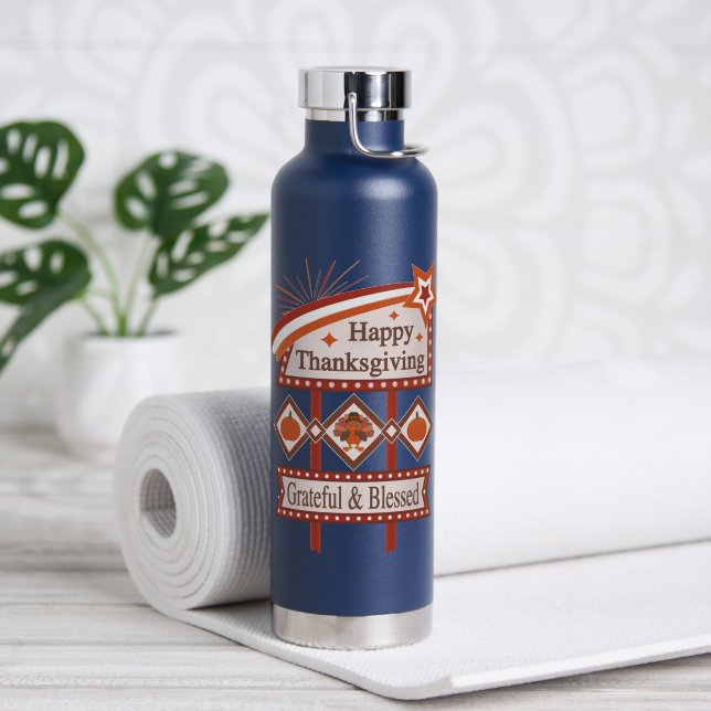Happy Thanksgiving Grateful & Blessed Retro Sign Water Bottle (Yoga (Rotated))