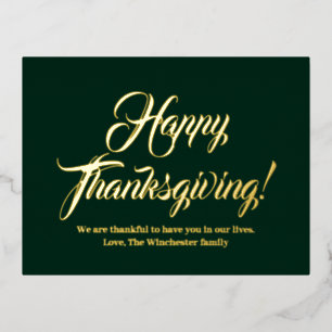Happy Thanksgiving green custom script elegant Foil Holiday Postcard