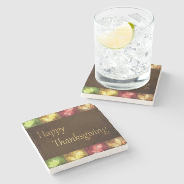 Happy Thanksgiving Grunge Leaves Stone Coaster (Side)