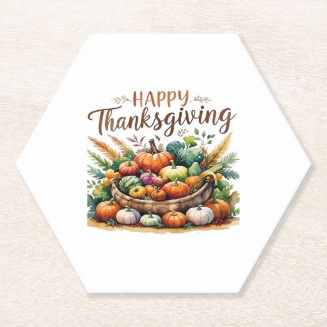 Happy Thanksgiving – Harvest Basket with Pumpkins  Paper Coaster (Front)