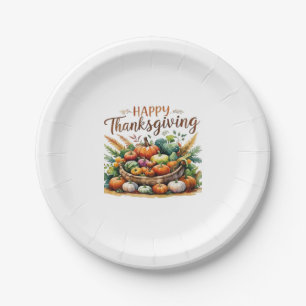 Happy Thanksgiving – Harvest Basket with Pumpkins  Paper Plate