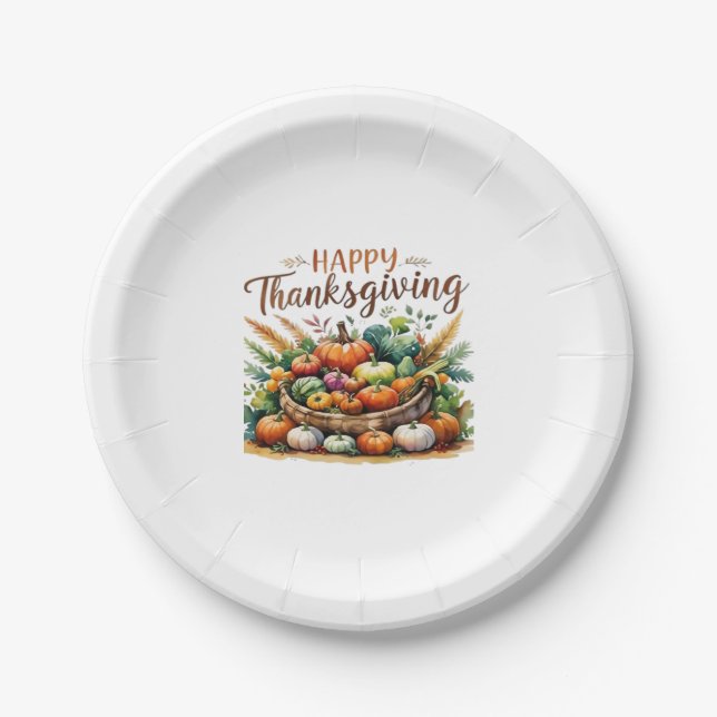 Happy Thanksgiving – Harvest Basket with Pumpkins  Paper Plate (Front)