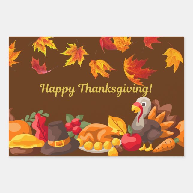 Happy Thanksgiving Harvest - Turkey and Vegetables Wrapping Paper Sheet (Front)