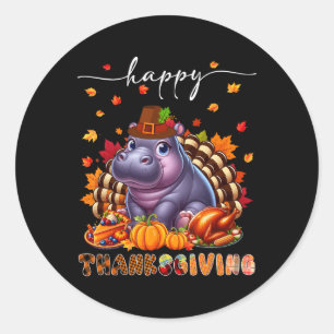 Happy Thanksgiving Hippo Costume Turkey Fall Leave Classic Round Sticker