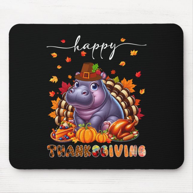 Happy Thanksgiving Hippo Costume Turkey Fall Leave Mouse Mat (Front)