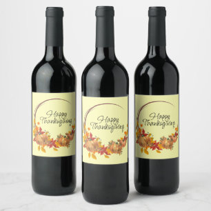 HAPPY THANKSGIVING Holiday Pumpkins Autumn Leaves  Wine Label