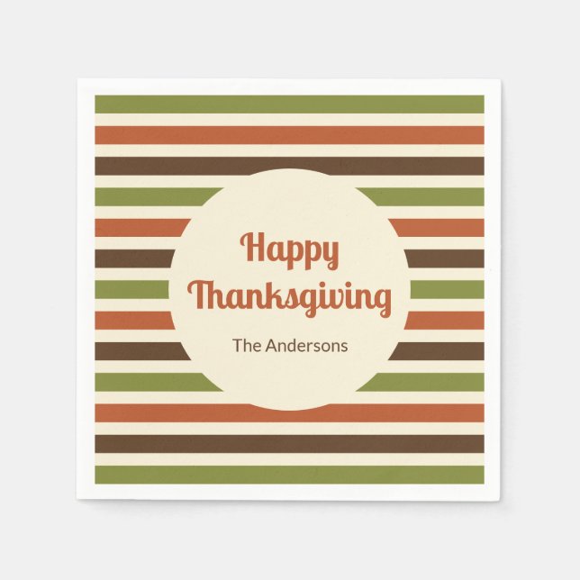 Happy Thanksgiving Host Name Autumn Colours Stripe Napkin (Front)