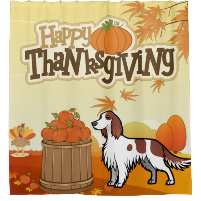 Happy Thanksgiving Irish Red and White Setter Shower Curtain (Front)