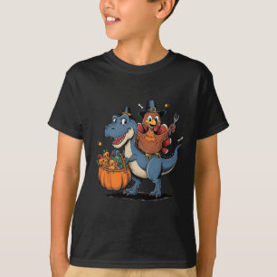 Happy Thanksgiving Kids Funny Turkey Riding T Rex T-Shirt