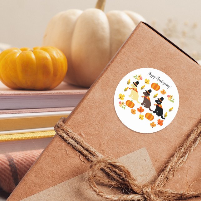 Happy Thanksgiving Labrador Silhouette Classic Round Sticker (Happy Thanksgiving Labrador Silhouette Stickers for Labrador Owners.  Pumpkins and Corns and Leaves.)