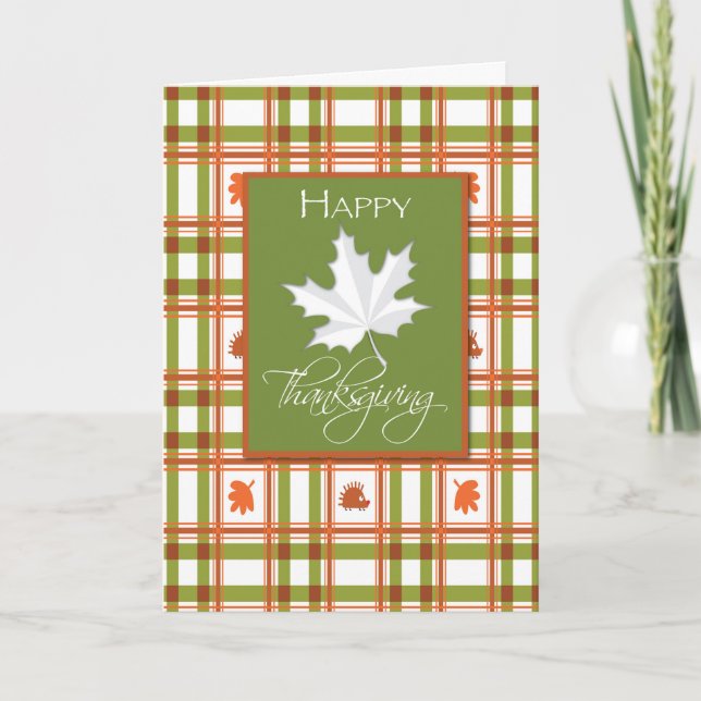 Happy Thanksgiving, Leaf on Plaid Holiday Card (Front)